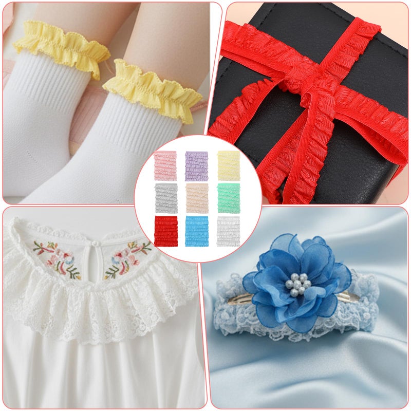 ADLABLD 9Pcs Elastic Ruffle Ribbon Lace Trim, Stretch Ruffle Pleated Trim for Sewing Assortment Organza Lace, 39.4 * 0.6in Wide Narrow Ruffles Edge Laces Ribbon for Clothes Decoration Sewing Craft Supply - Image 5