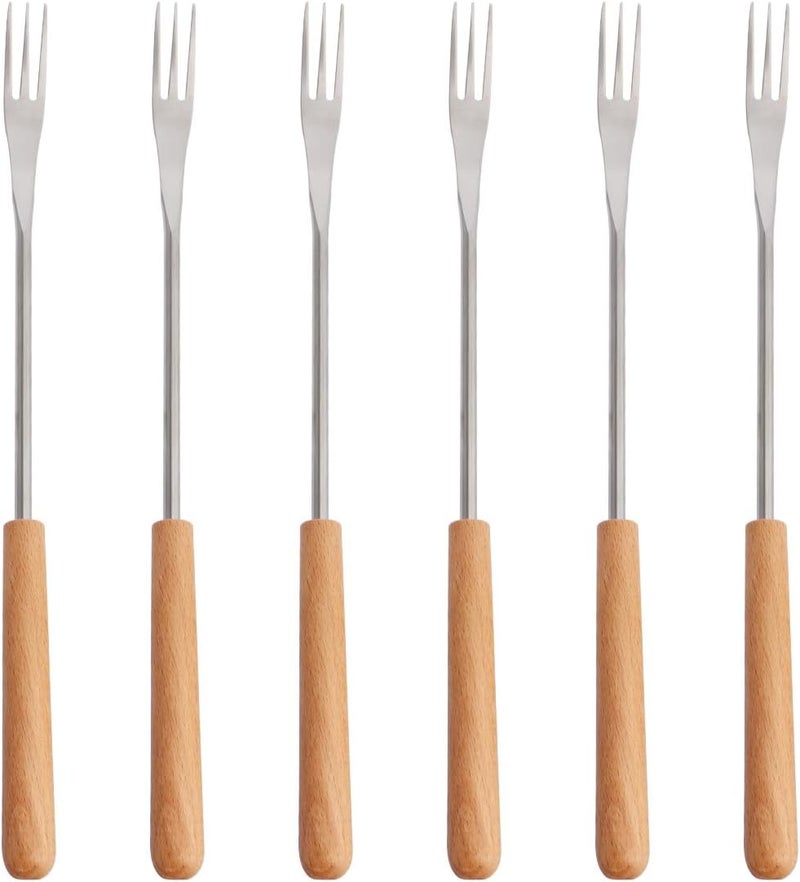 6pcs Wood Handle Stainless Steel Fondue Forks Heat-resistant Fruit Food Sticks for Outdoor Barbecue Camping Kitchen Use - Image 1