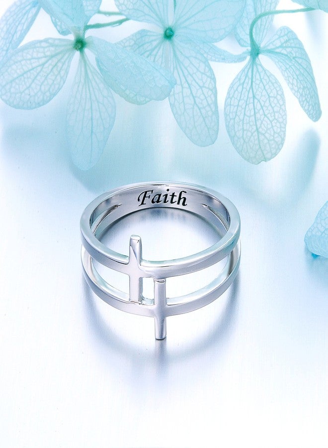 Flyow Inspirational Jewelry Sterling Silver Engraved Faith Double Cross Ring Christian Fashion Band Ring for Women Mother, Size 6-8 (10) - Image 4