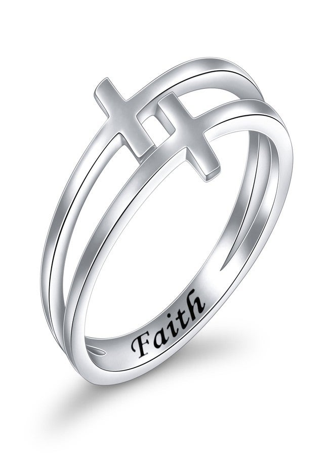Flyow Inspirational Jewelry Sterling Silver Engraved Faith Double Cross Ring Christian Fashion Band Ring for Women Mother, Size 6-8 (10) - Image 1