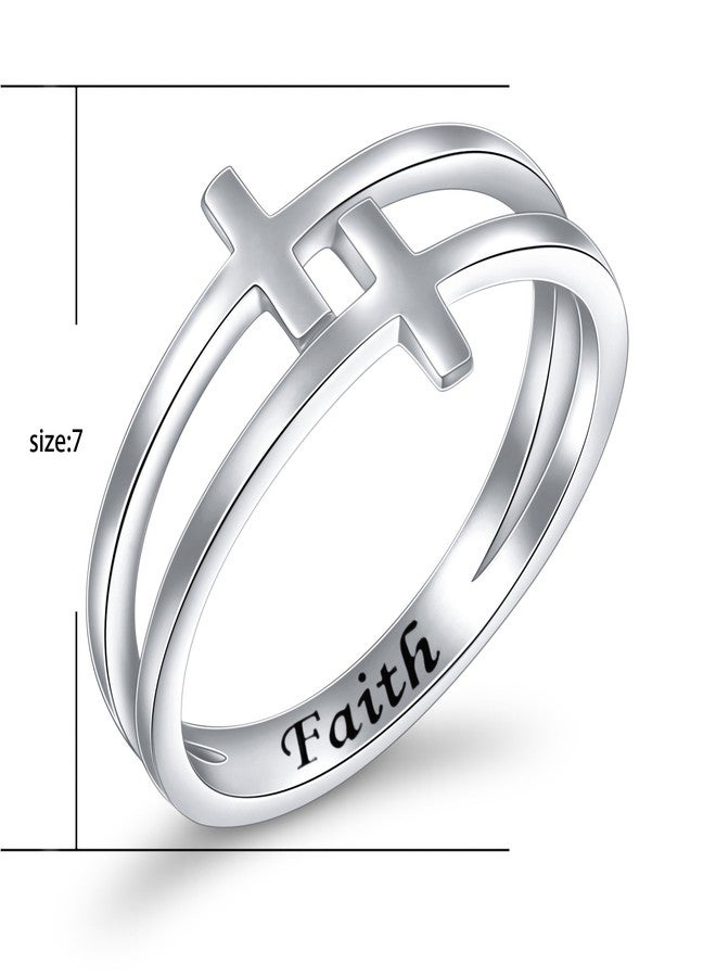 Flyow Inspirational Jewelry Sterling Silver Engraved Faith Double Cross Ring Christian Fashion Band Ring for Women Mother, Size 6-8 (10) - Image 5