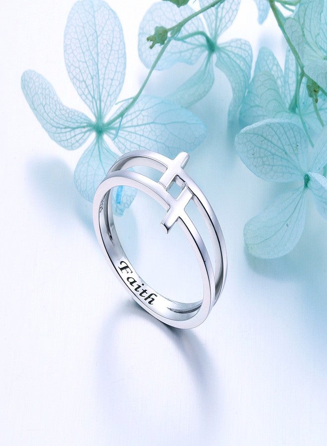 Flyow Inspirational Jewelry Sterling Silver Engraved Faith Double Cross Ring Christian Fashion Band Ring for Women Mother, Size 6-8 (10) - Image 3