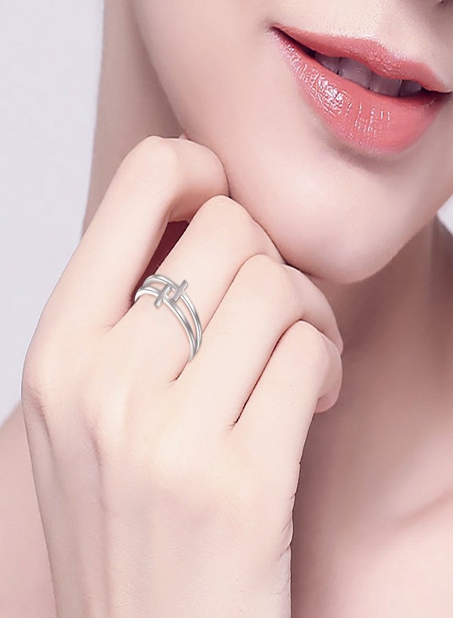 Flyow Inspirational Jewelry Sterling Silver Engraved Faith Double Cross Ring Christian Fashion Band Ring for Women Mother, Size 6-8 (10) - Image 2