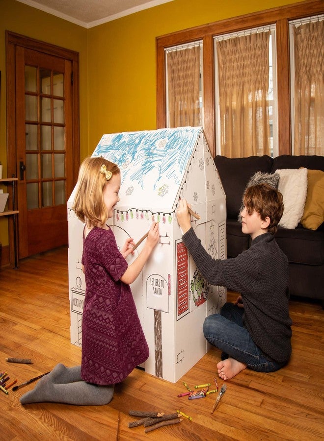 Easy Playhouse Holiday Cottage - Kids Art & Craft for Indoor Fun, Color, Draw, Doodle on a Festive North Pole House - Decorate & Personalize a Cardboard Fort, 32" X 26.5" X 40.5" - Made in USA, Age 3+ - Image 3