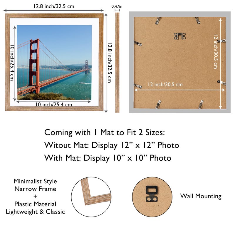 HEYTUYA 12x12 inch Picture Frame Rustic Brown for Wall Hanging  Poster Frame Display 10x10 inch with Mat or 12x12 Without Mat  Square Wall Gallery Photo Frames with Durable Shatter Resistant Plexiglas  Rustic Brown - Image 2