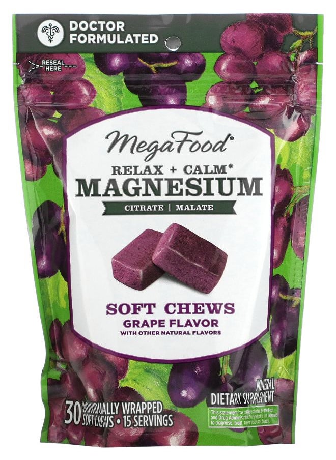 MegaFood Relax + Calm Magnesium Soft Chews Grape 30 Individually Wrapped Soft Chews 