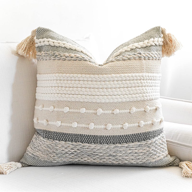 BlissBlush Gray Boho Throw Pillow Cover 18x18 Grey Decorative Accent Pillow for Couch Square Woven Textured Pillowcase Modern Farmhouse Pillow for Bed Bohemian Pillow Cover Pack of 1 - Image 2