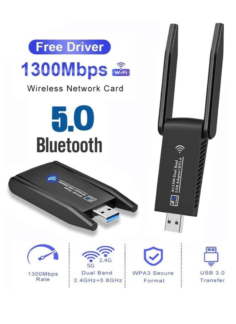 TRASSLE USB WiFi Bluetooth Adapter, AC1300 Mbps Dual Band 2.4G/5.8Ghz Wi-Fi Antenna Bluetooth 5.0 Adapter USB 3.0 Network Antenna for PC/Desktop/Tablet/Laptop Windows 10/8/7/Vista/XP Mac  - Image 2