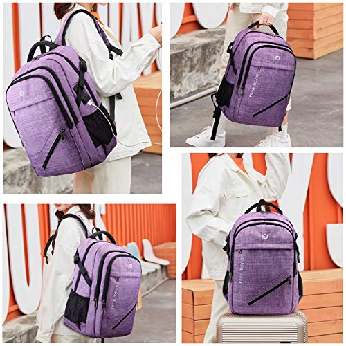 FENGDONG Large Laptop Backpack 17.3 inch Durable Waterproof Travel College Backpack Bookbag for Men & Women Business Backpack with USB Charging Port and Headset Port Light Purple - Image 3
