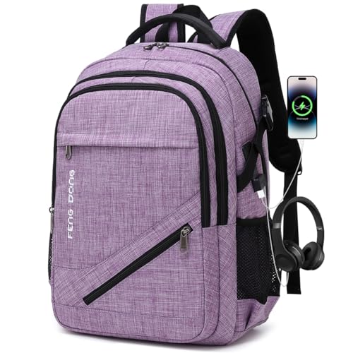 FENGDONG Large Laptop Backpack 17.3 inch Durable Waterproof Travel College Backpack Bookbag for Men & Women Business Backpack with USB Charging Port and Headset Port Light Purple - Image 1
