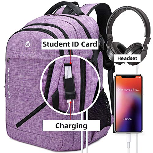 FENGDONG Large Laptop Backpack 17.3 inch Durable Waterproof Travel College Backpack Bookbag for Men & Women Business Backpack with USB Charging Port and Headset Port Light Purple - Image 5