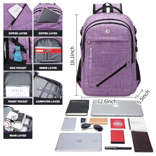 FENGDONG Large Laptop Backpack 17.3 inch Durable Waterproof Travel College Backpack Bookbag for Men & Women Business Backpack with USB Charging Port and Headset Port Light Purple - Image 2