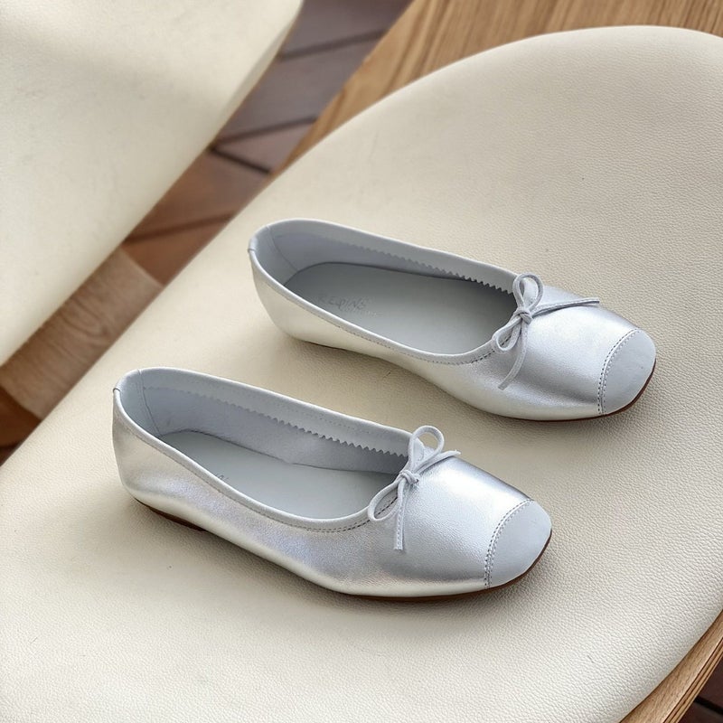 Celebrity Style Square Toe Bowknot Ballet Shoes Flat Leather Low-Cut Soft Bottom Slip-On French Mary Jane Shoes - Image 3
