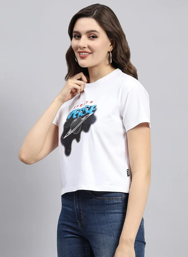 Rock.it Women White Graphic Printed Round Neck Top