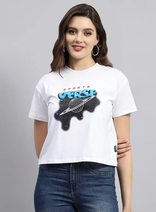 Rock.it Women White Graphic Printed Round Neck Top