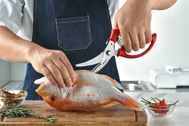 Gerior Heavy Duty Poultry Shears - Kitchen Scissors for Cutting Chicken, Poultry, Game, Meat - Chopping Vegetable - Spring Loaded - Red - Image 3