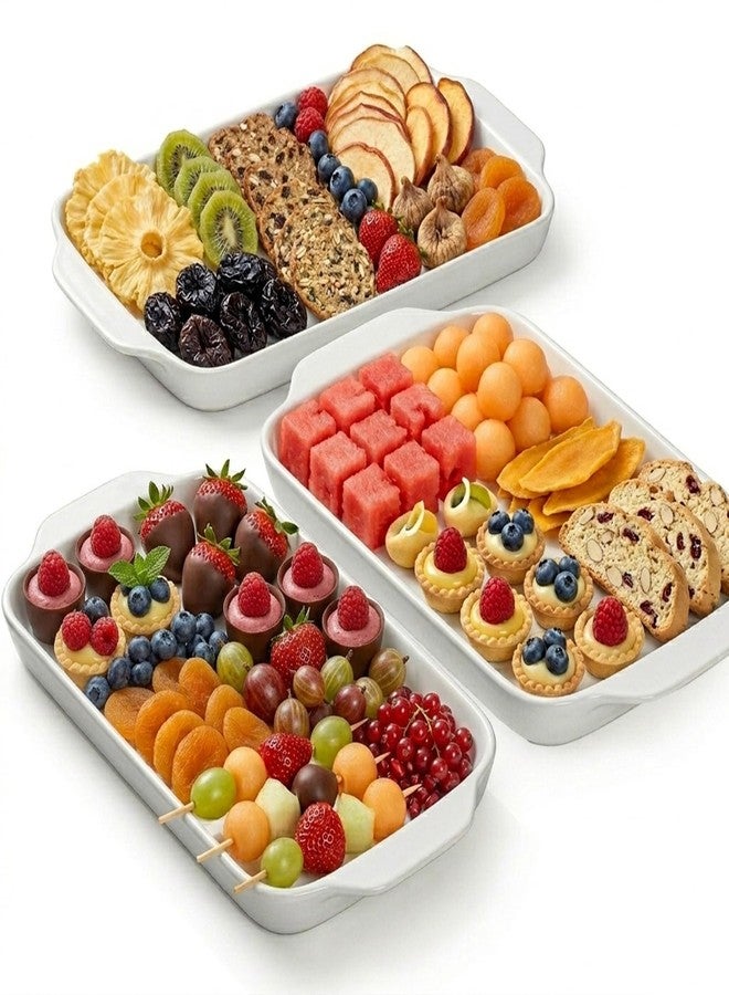 Dizada Large Serving Platter with Handles 16"x9" - White Porcelain Serving Trays Set of 3, Rectangular Platters for Entertaining, Party, Appetizer, Charcuterie - Image 1