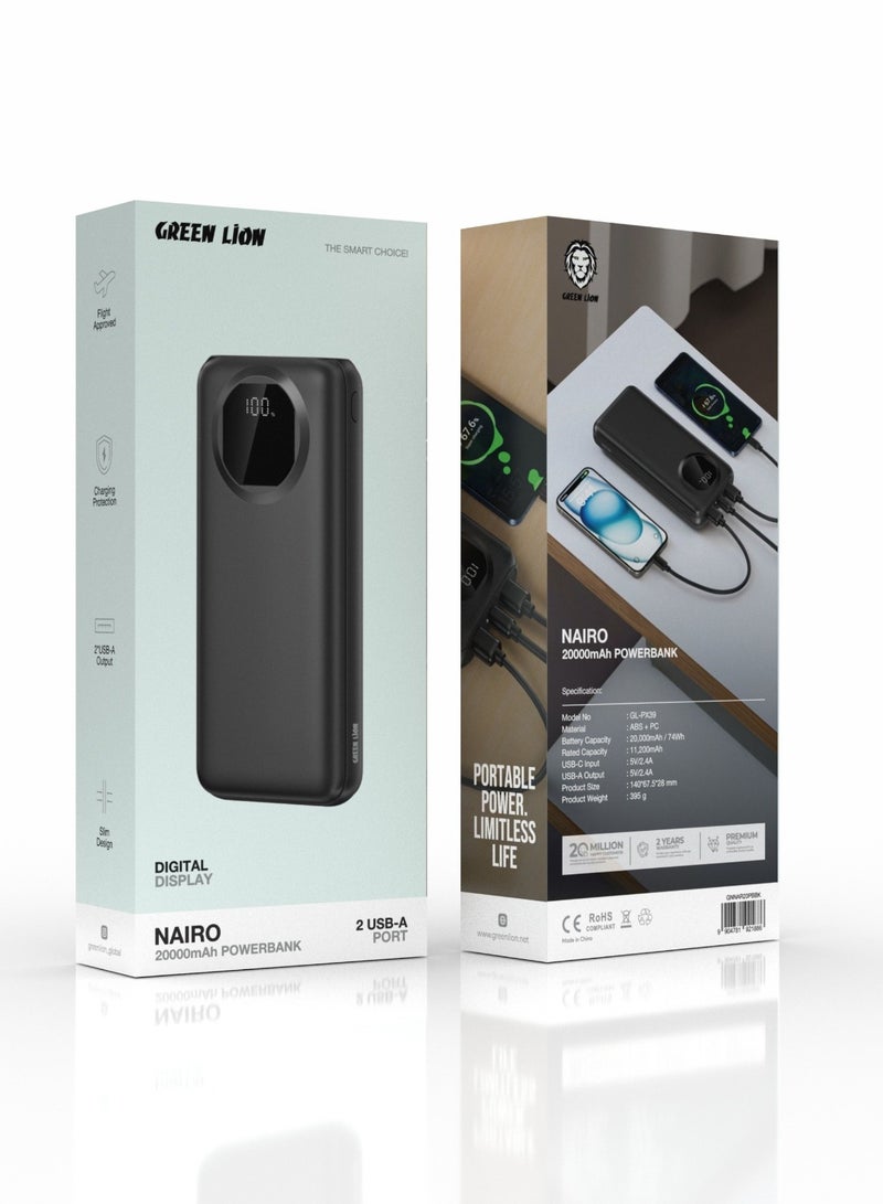 GREEN LION Nairo Slim Power Bank 20000mAh with 2 USB-A Port and USB-C Input and Digital Display / Fast Charger Powerbank 20000 mAh / Charging Protection - Black - Image 3