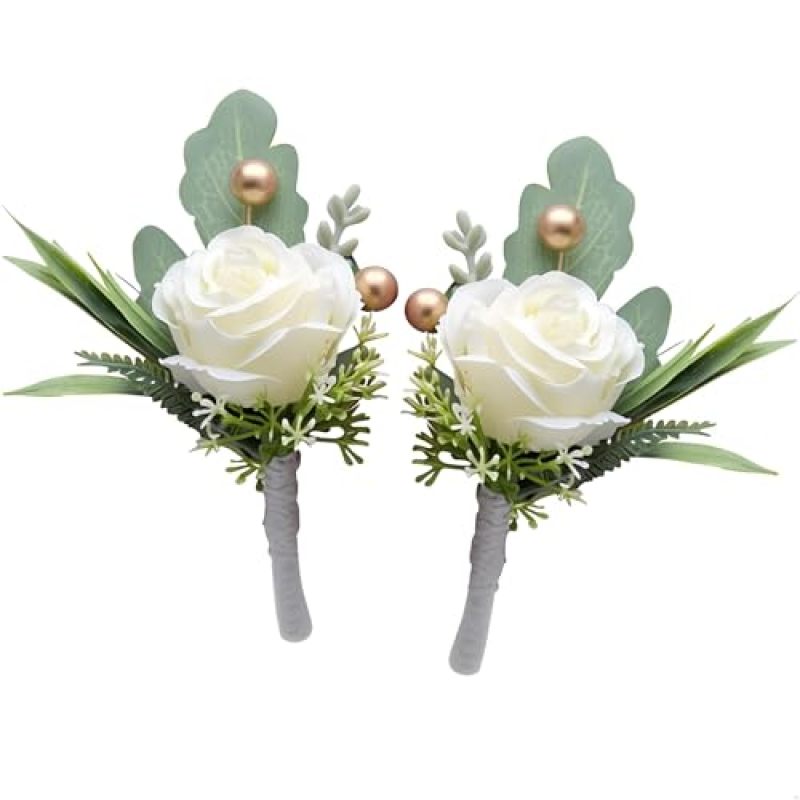 Wedding Boutonnieres 2-Pack Milky White Silk Rose - Realistic Non-Wilting Design Secure Metal Pin Attachment for Grooms Prom Guests Formal Events - Image 1
