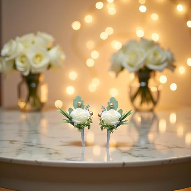 Wedding Boutonnieres 2-Pack Milky White Silk Rose - Realistic Non-Wilting Design Secure Metal Pin Attachment for Grooms Prom Guests Formal Events - Image 3