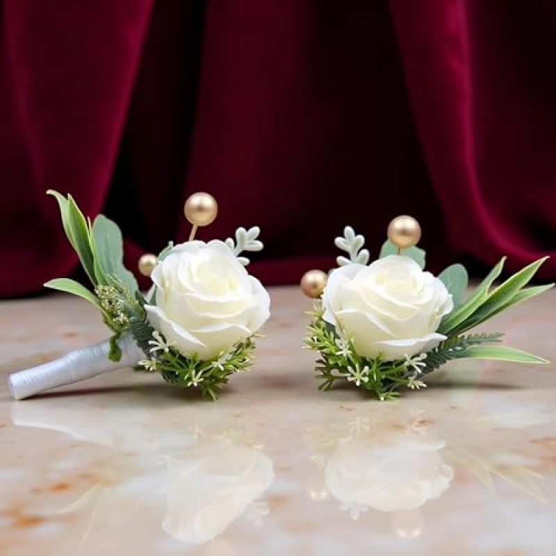 Wedding Boutonnieres 2-Pack Milky White Silk Rose - Realistic Non-Wilting Design Secure Metal Pin Attachment for Grooms Prom Guests Formal Events - Image 4