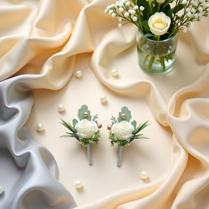 Wedding Boutonnieres 2-Pack Milky White Silk Rose - Realistic Non-Wilting Design Secure Metal Pin Attachment for Grooms Prom Guests Formal Events - Image 2