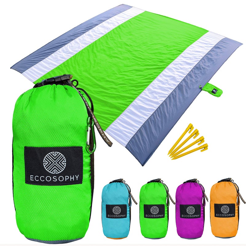 ECCOSOPHY ECCOSOPHY Sandproof Beach Blanket  Oversized Sand Free Beach Mat 9x10  Lightweight Outdoor Picnic Blanket Anchored with 4 Corner Sand Pockets  Plastic Stakes  Heat Proof Quick Drying  Compact 