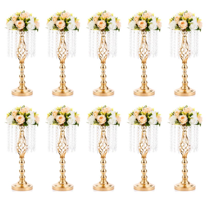 NUPTIO 10 Pcs 19.3 inches Tall Crystal Flower Stand Wedding Road Lead Tall Flower Holders Centerpiece Crystal Flower Chandelier Metal Flower Vase for Reception Tables Wedding Supplies - Image 1