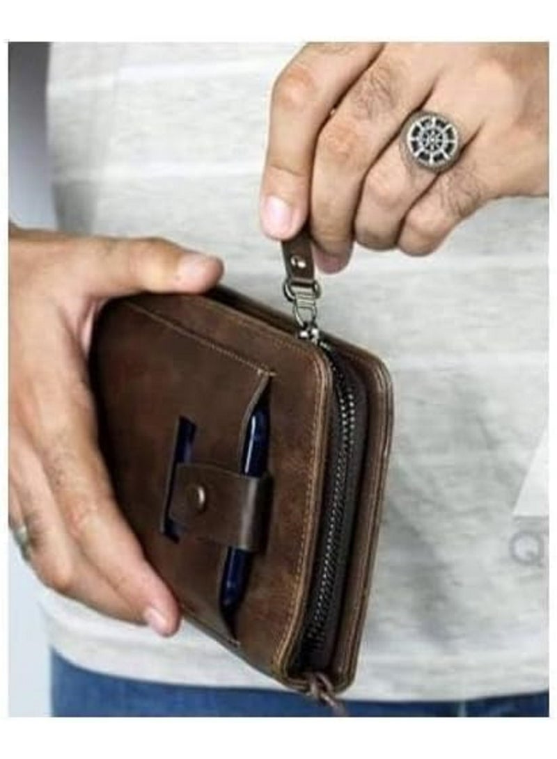 KANGAROO Men's Long Leather Wallet for Carrying Items, Cash and Mobile Phone - Brown - Image 1