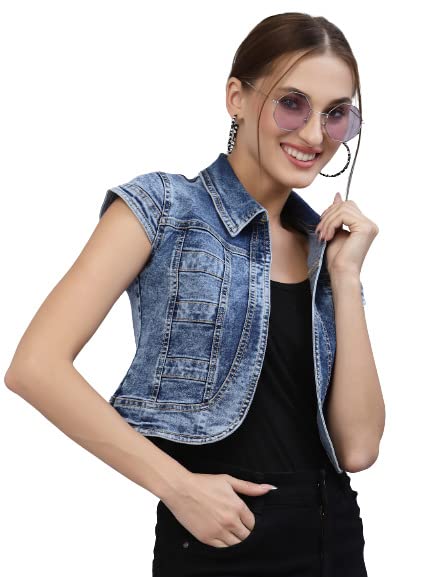 Style Quotient Women Blue Washed Checked Crop Denim Jacket - Image 1