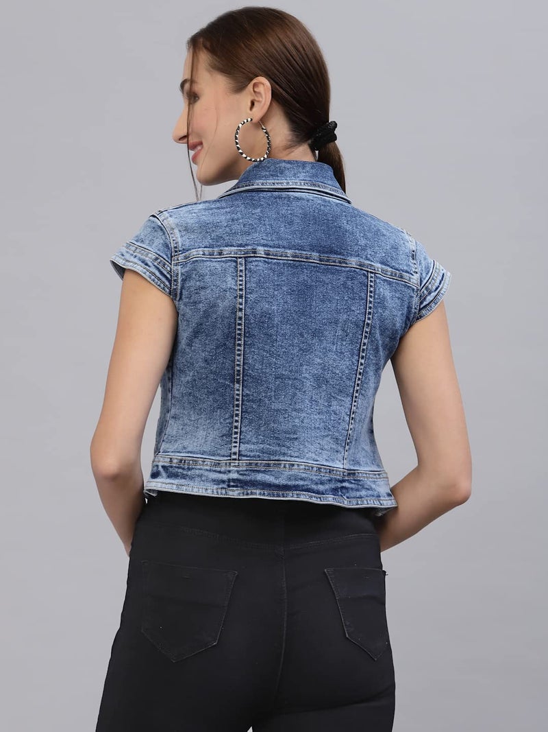 Style Quotient Women Blue Washed Checked Crop Denim Jacket - Image 4