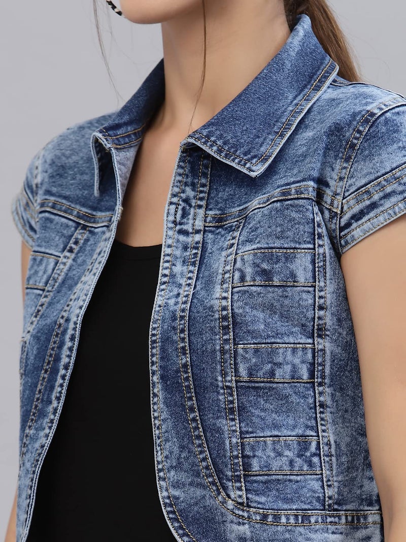 Style Quotient Women Blue Washed Checked Crop Denim Jacket - Image 2