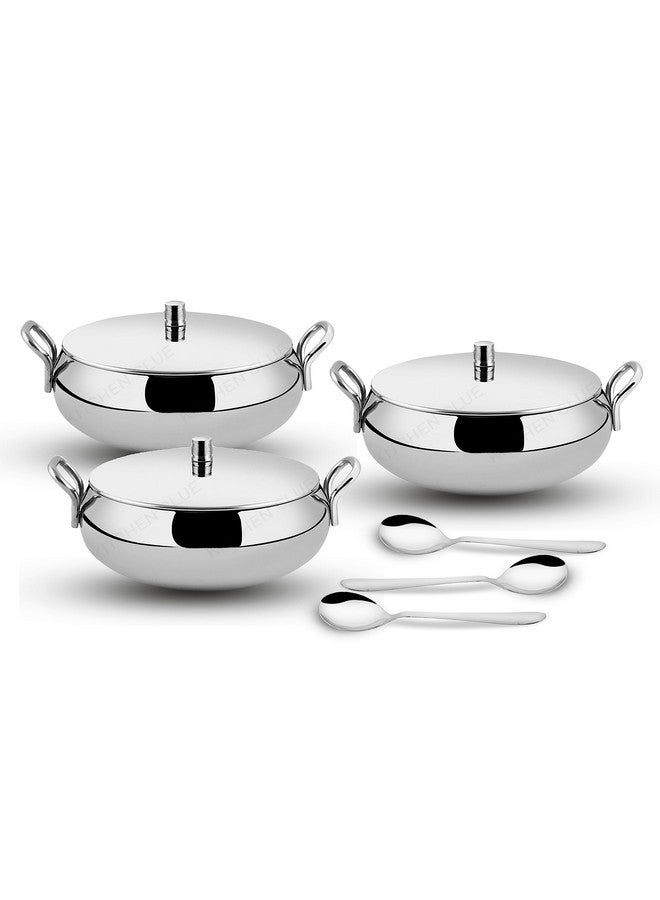 KITCHEN CLUE Stainless Steel Handi Serving Combo Set With Lids - Pack Of 3 Pcs, 1750 ML - Steel Kadhai Set For Kitchen - Kitchen Cookware With Handles For Storing, Serving Rice, Curry, Dal, Dry Fruits - Image 1