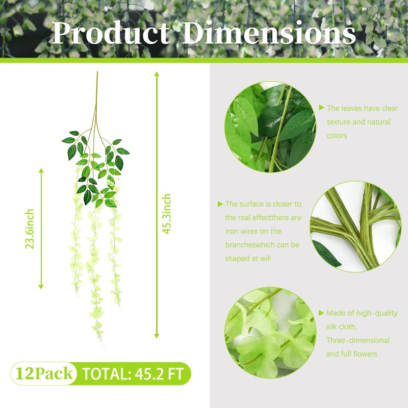 ZEBMOON 12 Pack Green Wisteria Hanging Flowers  Green 3.77 Ft Fake Hanging Flowers  Green Artificial Wisteria Garland  Green Wisteria Flower Vines  Wisteria Flowers for Decor  Wisteria Garland for Backdrop - Image 2