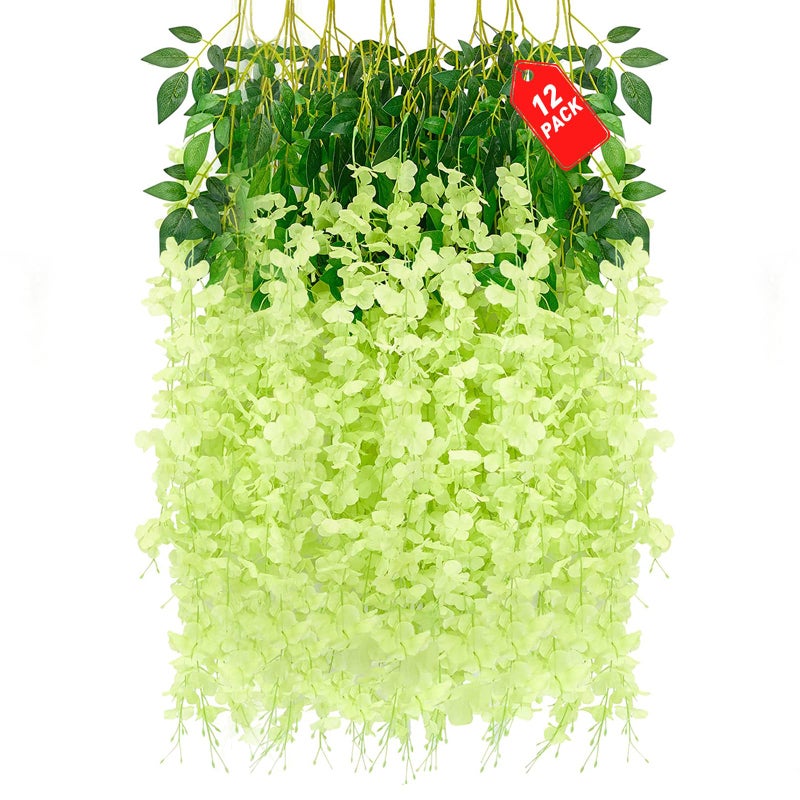 ZEBMOON 12 Pack Green Wisteria Hanging Flowers  Green 3.77 Ft Fake Hanging Flowers  Green Artificial Wisteria Garland  Green Wisteria Flower Vines  Wisteria Flowers for Decor  Wisteria Garland for Backdrop - Image 1
