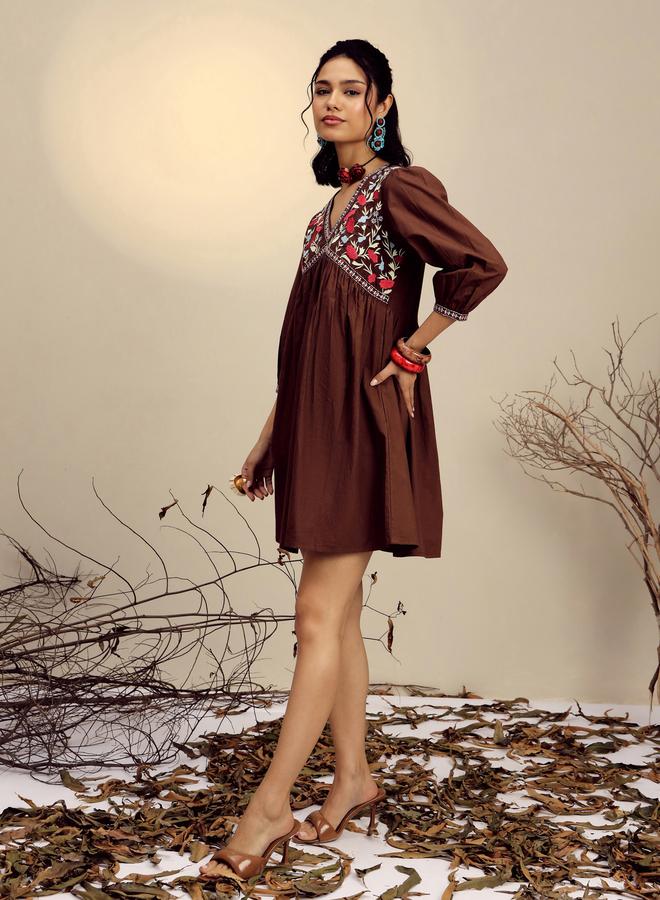 SASSAFRAS Brown Poplin Embroidered Gathered Mini Dress - Image 3