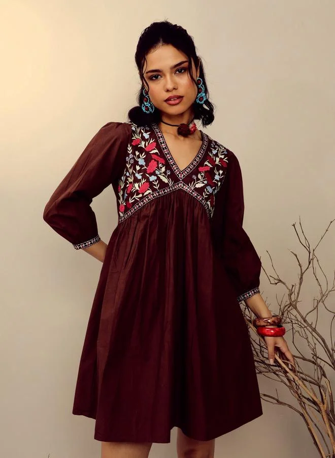 Sassafras Brown Poplin Embroidered Gathered Mini Dress