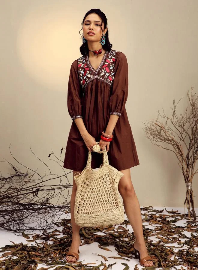 Sassafras Brown Poplin Embroidered Gathered Mini Dress