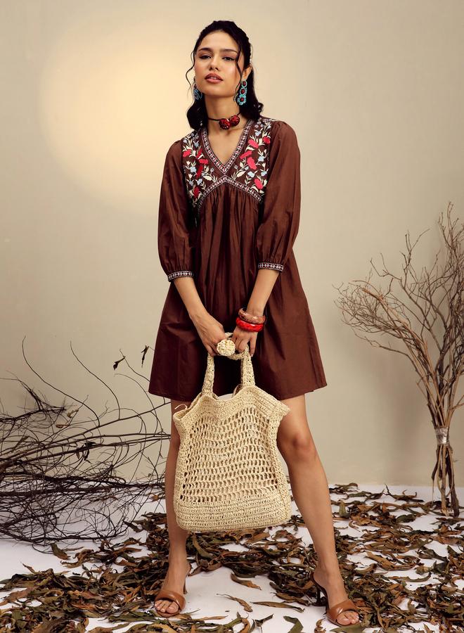 SASSAFRAS Brown Poplin Embroidered Gathered Mini Dress - Image 2