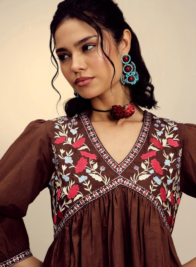 SASSAFRAS Brown Poplin Embroidered Gathered Mini Dress - Image 4