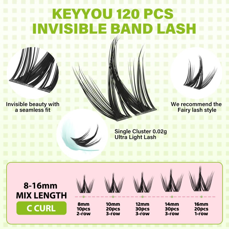 KEYYOU Fairy Chispa Lash Clusters Eyelash Extension D Curl 120Pcs Eyelash Extension Wispy Natural Invisible Band Lash with Waterproof DIY Lash at Home(Fairy Chispa-D-8-18MIX) - Image 2