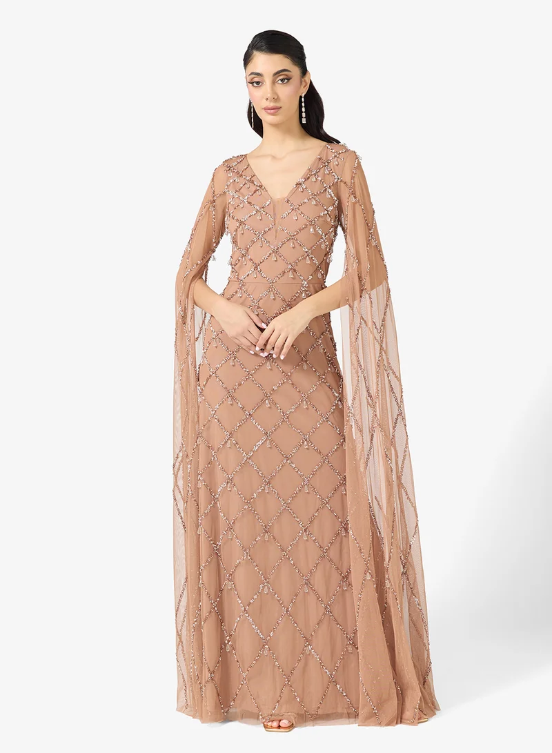 Namshi x  Plunge Neck Bead Embellished Gown with Cape for Women | Best Price UAE
