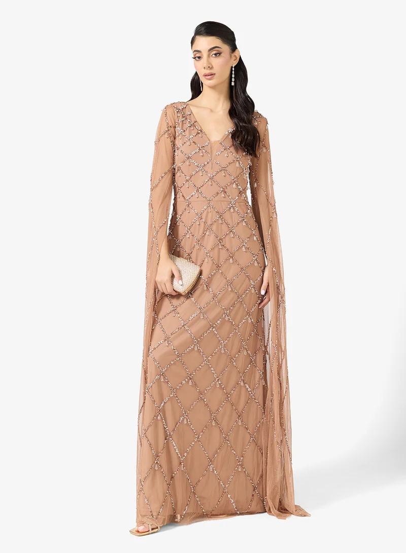 Plunge Neck Bead Embellished Gown with Cape