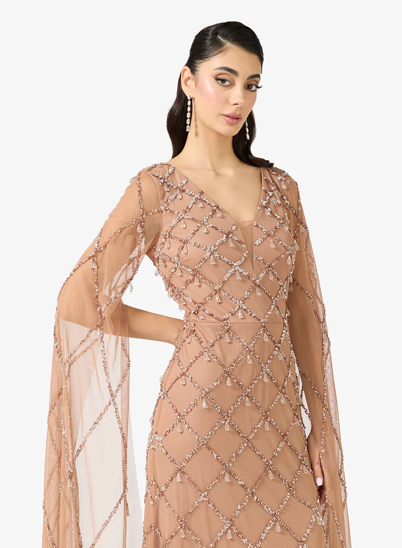 Namshi x  Plunge Neck Bead Embellished Gown with Cape for Women | Best Price UAE