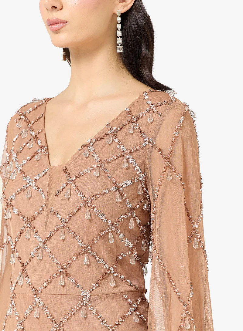 Namshi x  Plunge Neck Bead Embellished Gown with Cape for Women | Best Price UAE