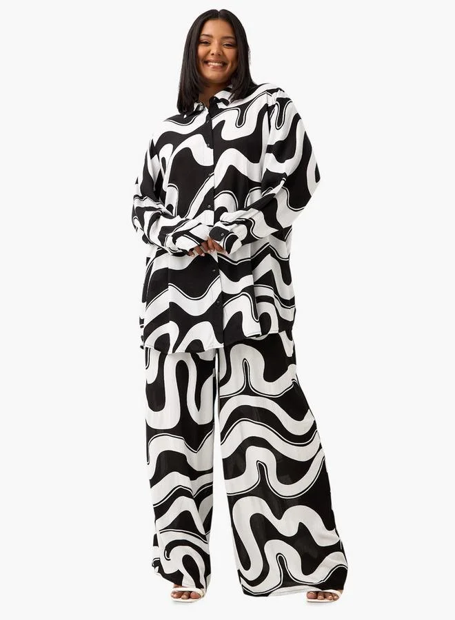 Ulla Popken Plus Size Ulla Popken All-Over Print Wide Leg Pants