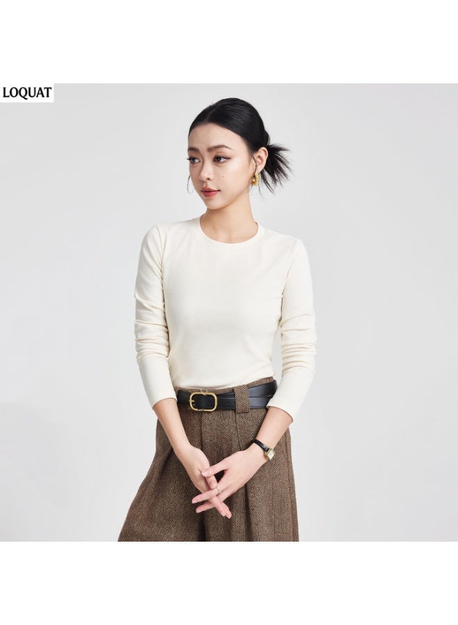 Loquat Women's Round Neck Slim-Fit Long-Sleeved T-Shirt , Slightly Cinched Waist Straight-Shoulder Base Layer Top, Breathable Soft Cotton Blend Casual Top for Commuting Work Dating, White - Image 1