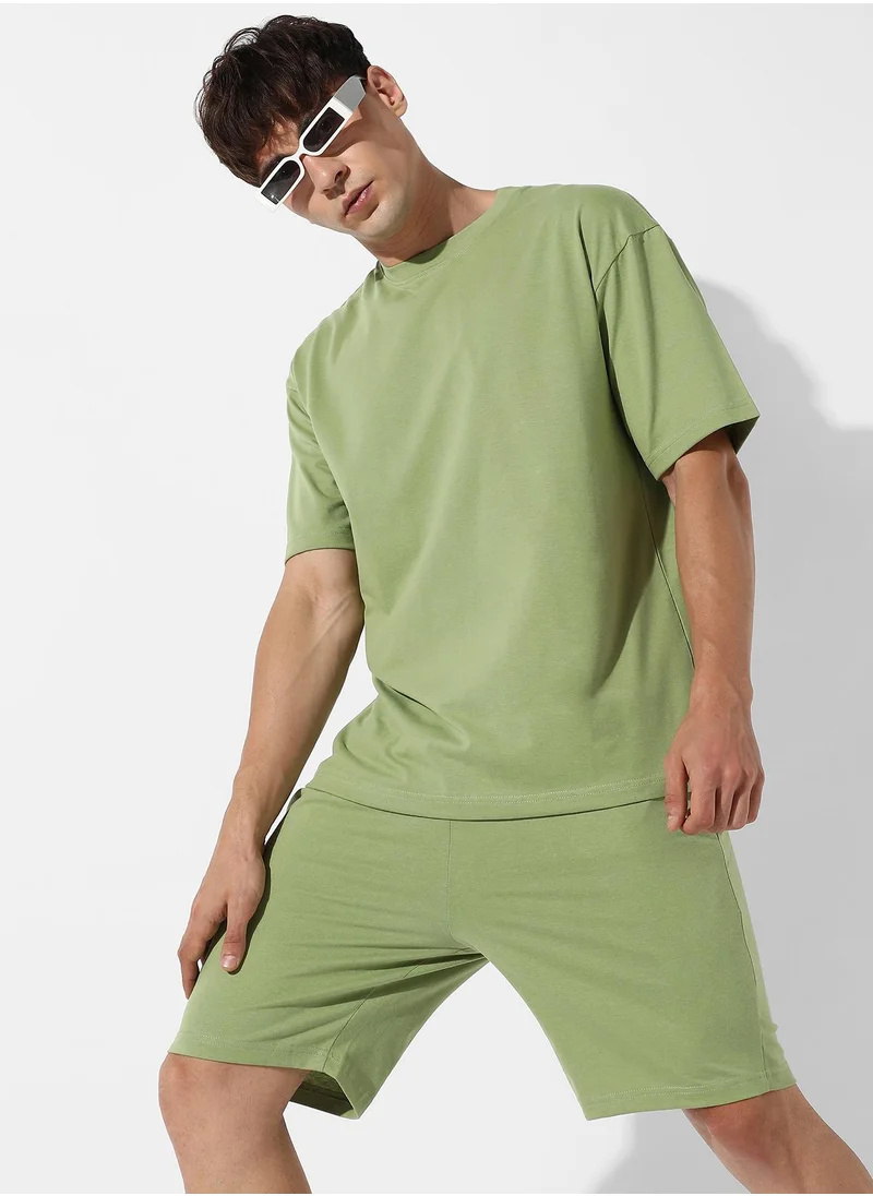 Campus Sutra Men's Oversized Solid Olive Green Casual Co-Ord Set