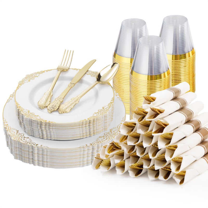 Bestluck 175PCS Gold Plastic Plates for 25 Guests Disposable Dinnerware Sets Include 50 Gold Rim Plastic Plates 25 Silverwares 25 Cups and 25 Pre Rolled Napkins for Party Wedding and Graduation