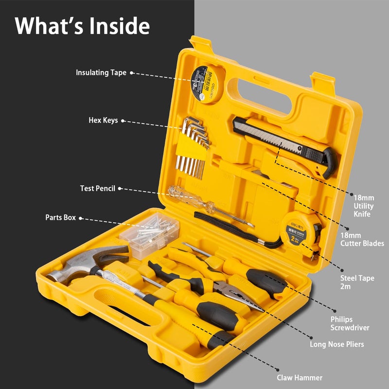 Deli DL1018J 18 Piece Household Tool Kit with Test Pen Electrical Tape Long Nose Plier Tape Measure Screwdriver Utility Knives Claw Hammer and Storage Box for DIY Home Repair (Pack of 1, Yellow) - Image 2